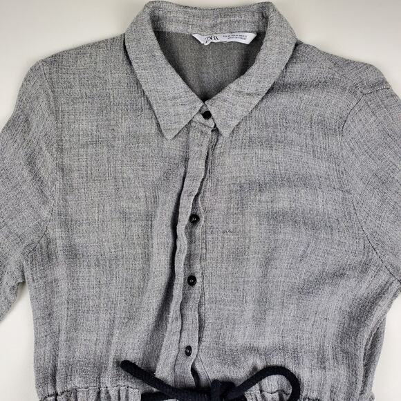 Zara Belted Shirt Dress Button Up Pocket Midi Gray Lightweight Boho Women Medium - Picture 6 of 11